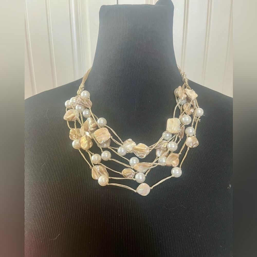 Pearl and abalone shell multi strand layered necklace
